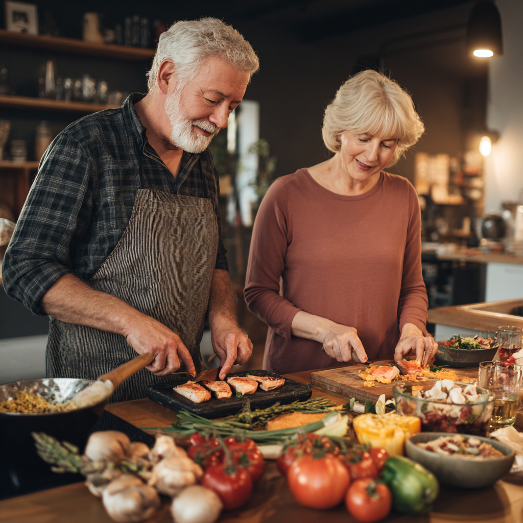 Mature adults preparing healthy colorful meals together in modern kitchen