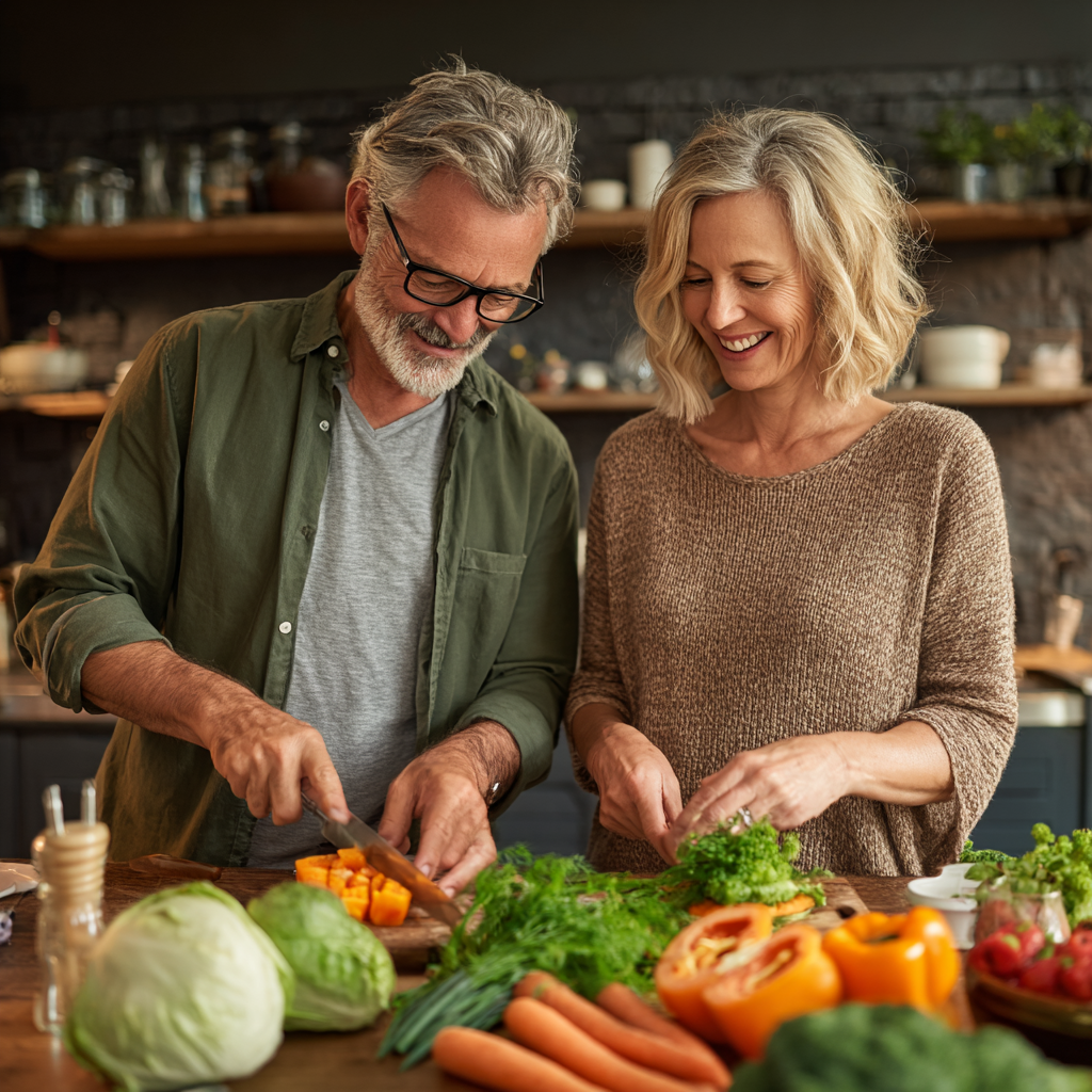 Middle-aged couple cooking healthy meal together with fresh vegetables on kitchen counter